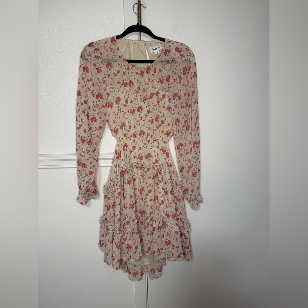 &merci Floral Long Sleeve Dress with ruffle in Cream and Red size S